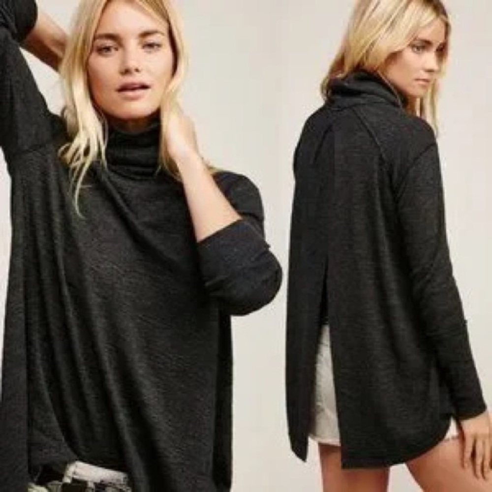 Free People Tara  Split Back Turtleneck dark grey mix long sleeve size Small